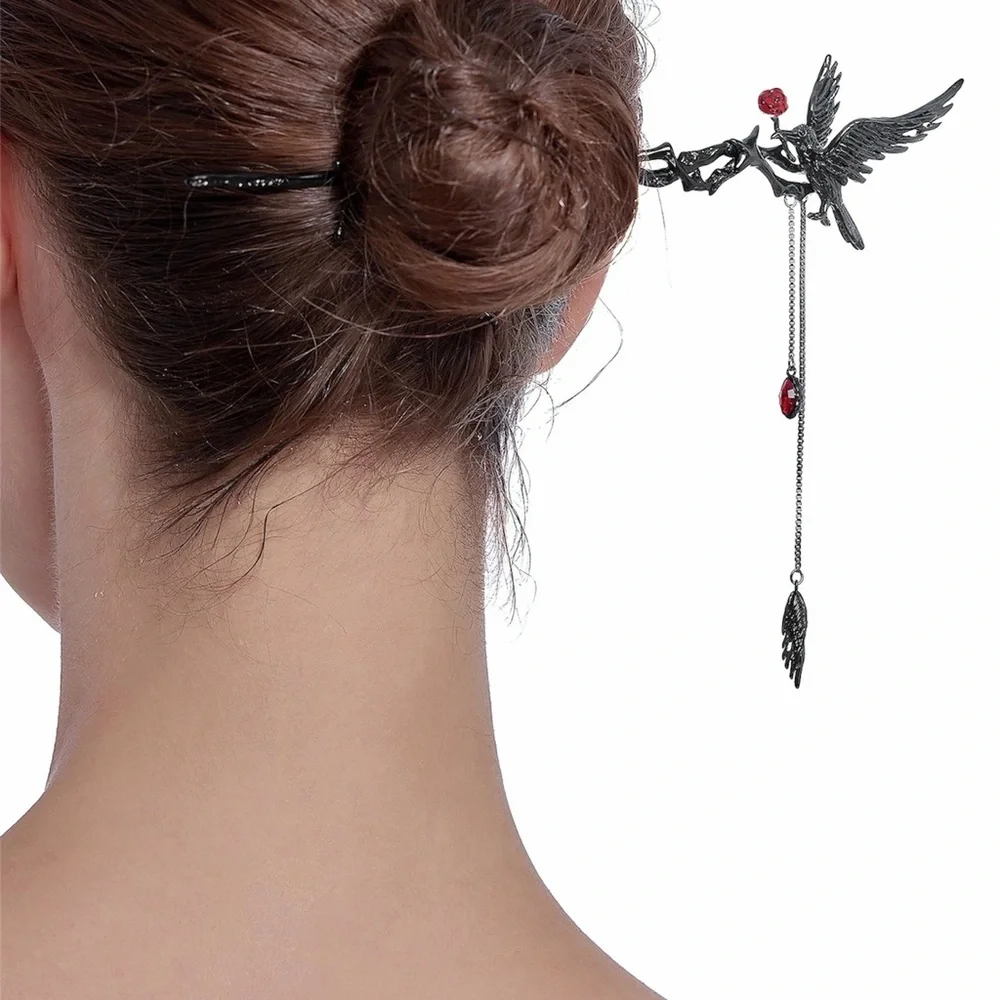 Raven & Rose Hair Pin – Dark Romantic Gothic Hair Stick with Red Crystal Drop